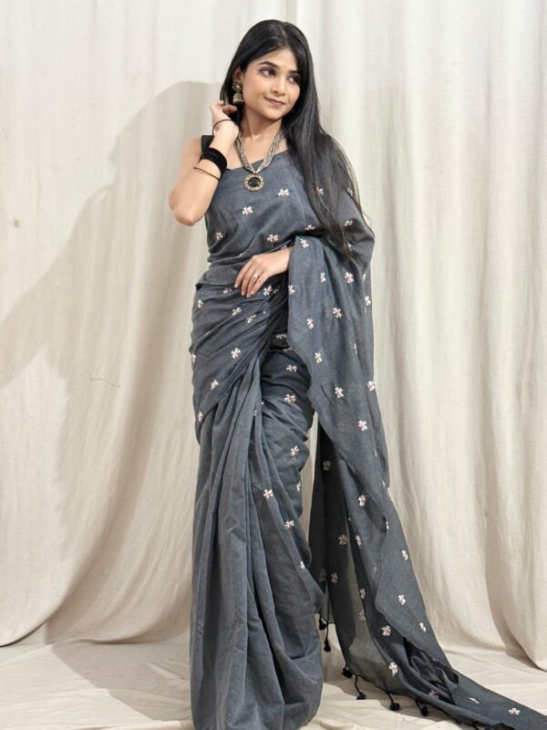 Cotton Saree with Floral Embroidery