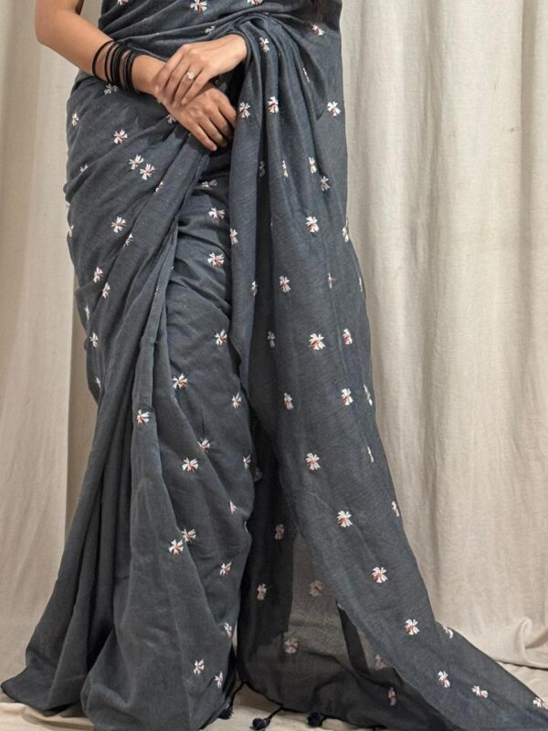 Cotton Saree with Floral Embroidery - Image 5