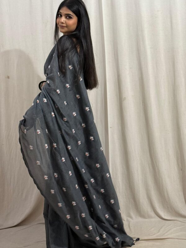 Cotton Saree with Floral Embroidery - Image 2