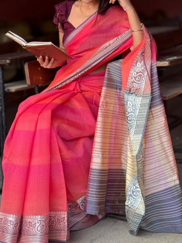 Cotton Silk Saree with Silver Border - Image 3