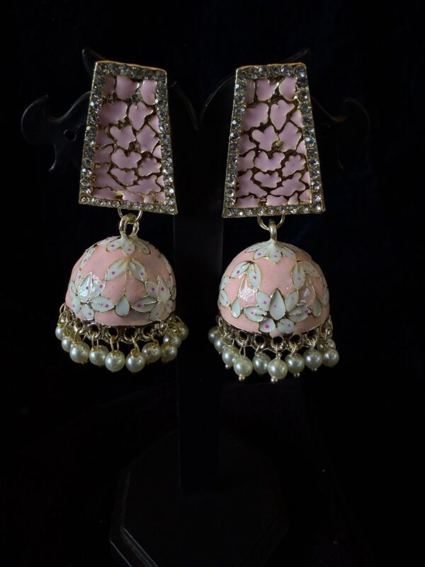 Kathiki Sunehri Phool Jhumkas Pink - Image 2