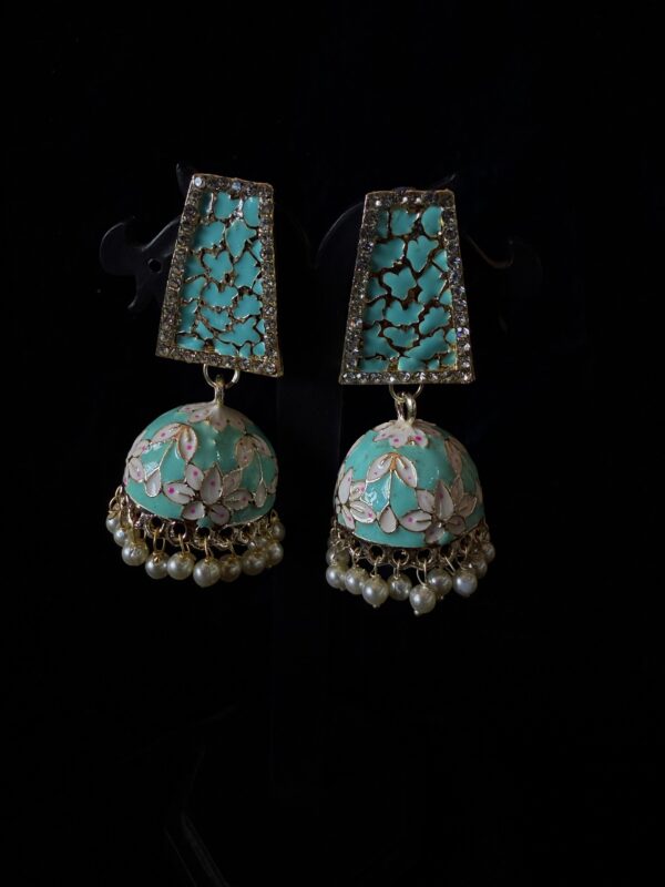 Kathiki Sunehri Phool Jhumkas Sky Blue - Image 3