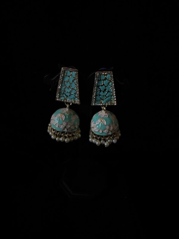 Kathiki Sunehri Phool Jhumkas Sky Blue - Image 2