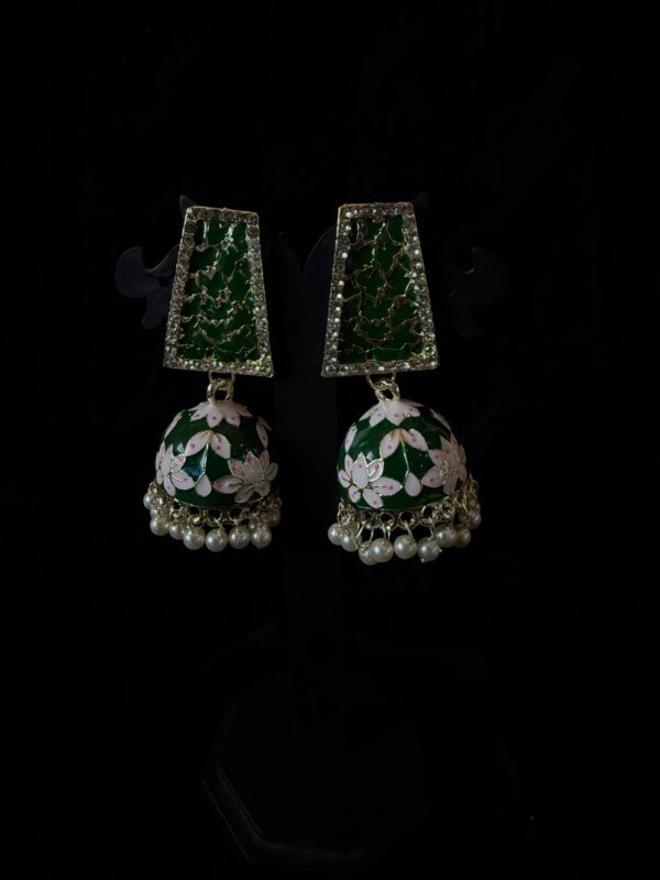Kathiki Sunehri Phool Jhumkas Green - Image 2