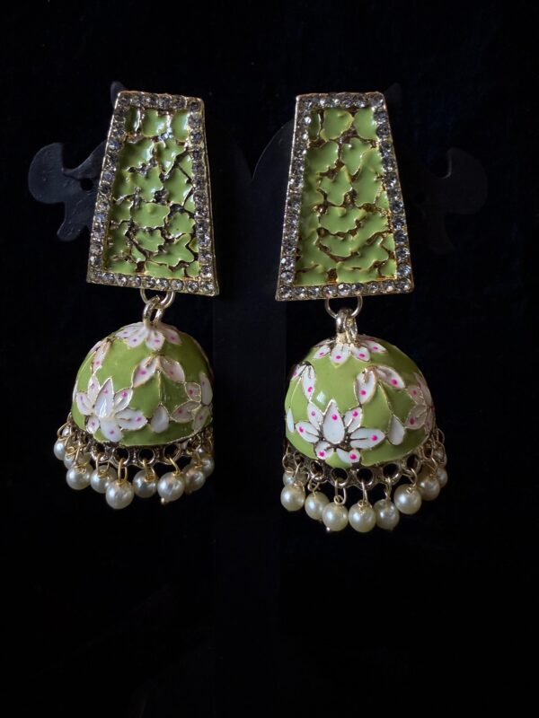 Kathiki Sunehri Phool Jhumkas Olive Green