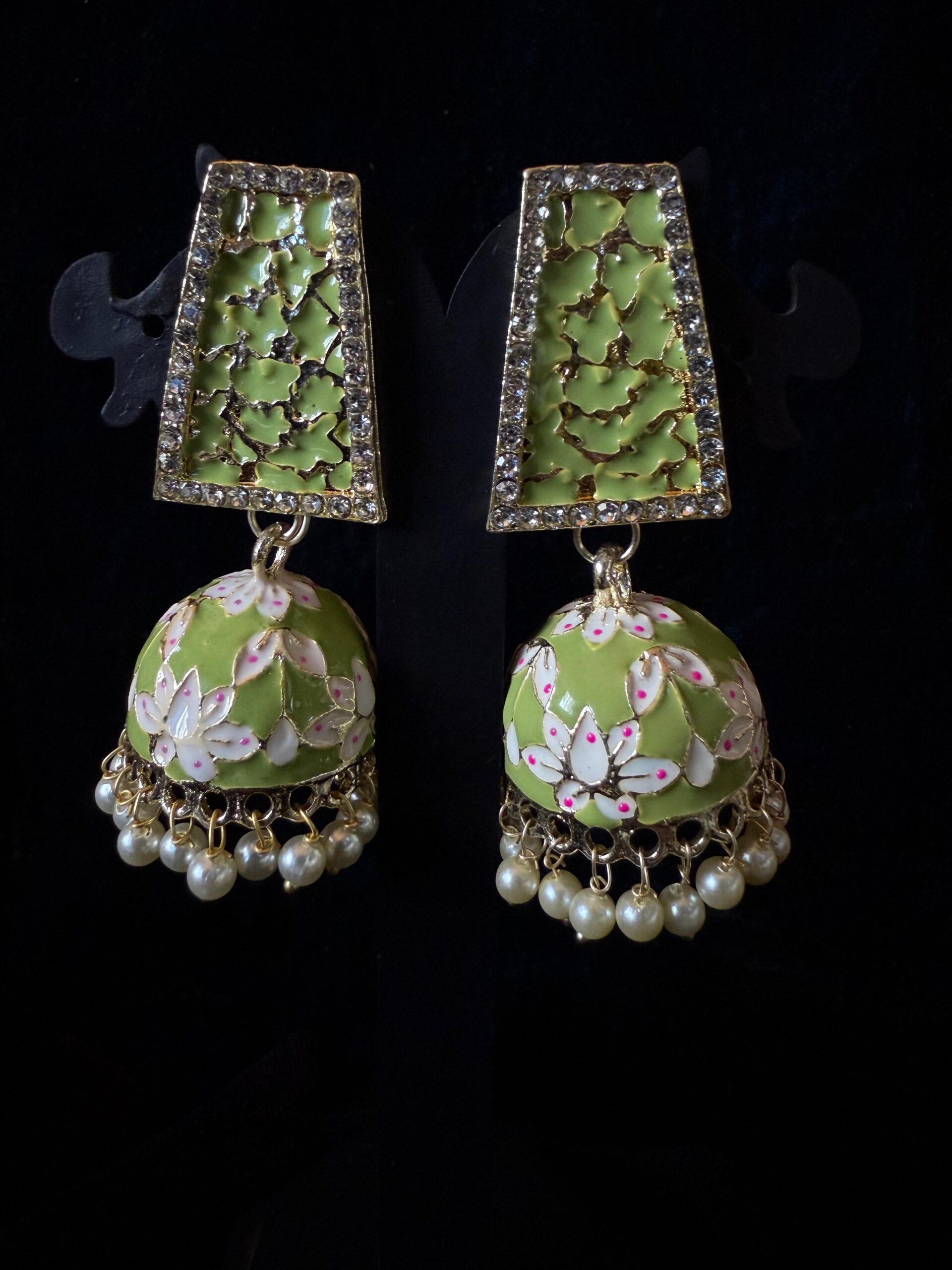 Kathiki Sunehri Phool Jhumkas Olive Green