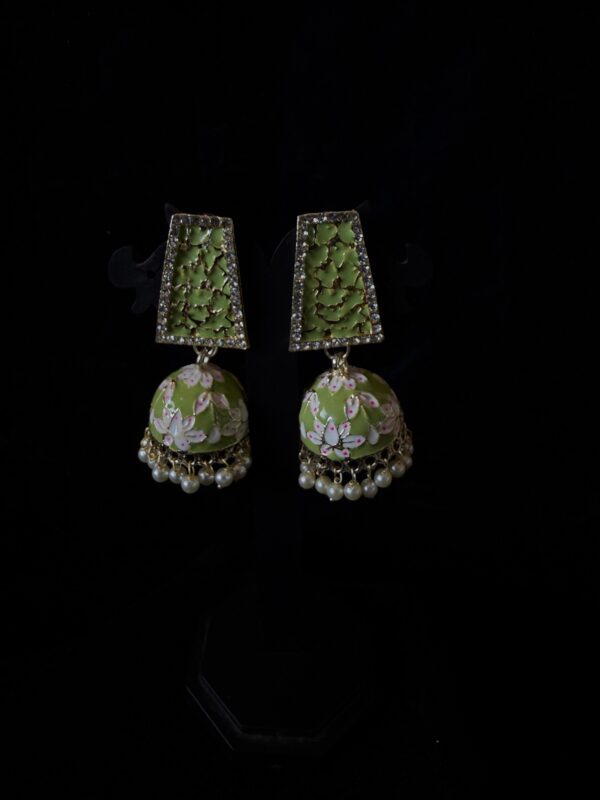 Kathiki Sunehri Phool Jhumkas Olive Green - Image 2