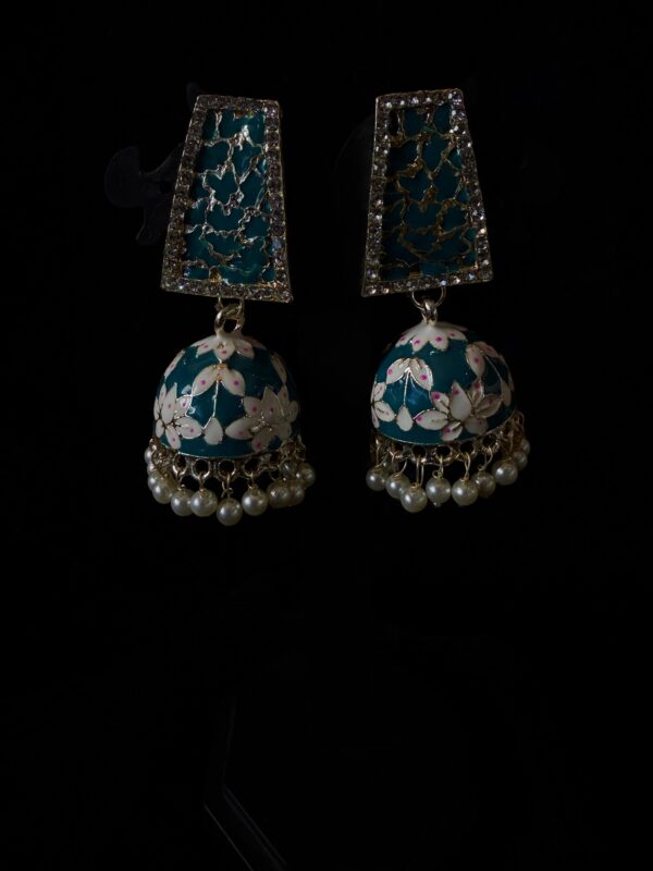 Kathiki Sunehri Phool Jhumkas Peacock blue - Image 2