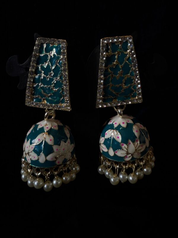 Kathiki Sunehri Phool Jhumkas Peacock blue
